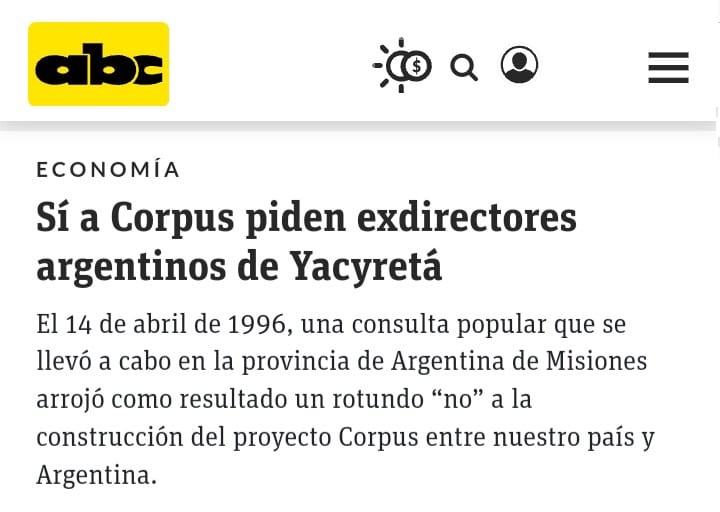 el diario paraguayo abc color reflejó las notas de opinión sobre el no a la represa corpus. copia